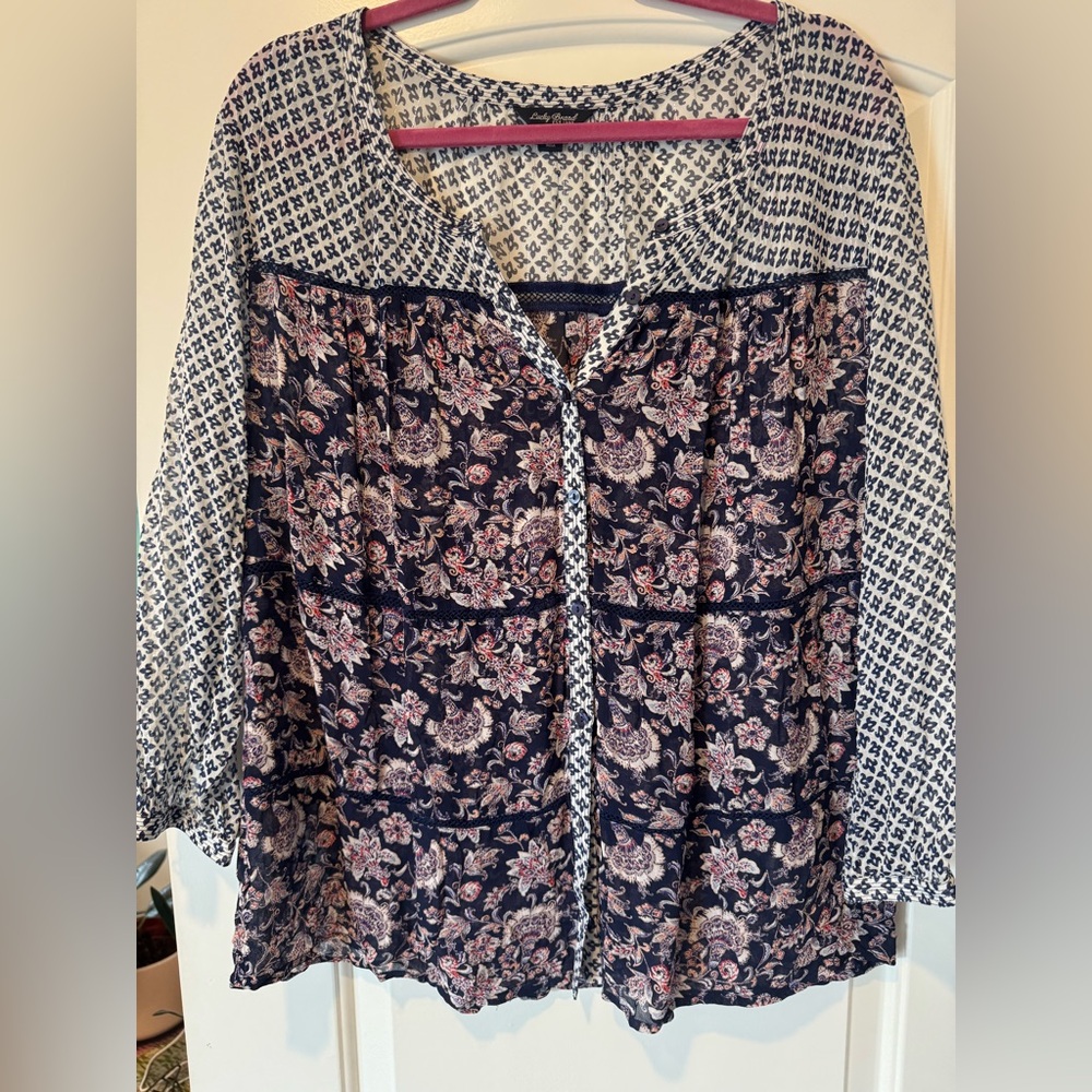 Lucky Brand Navy and Pink Patterned Blouse